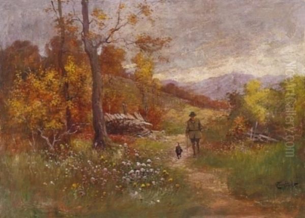 Hunter In Autumn Landscape Oil Painting by Gyula, Julius Zorkoczy