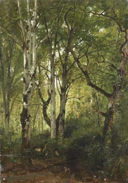 Damwild In Dichtem Laubwald. Oil Painting by Jean Henri Zuber