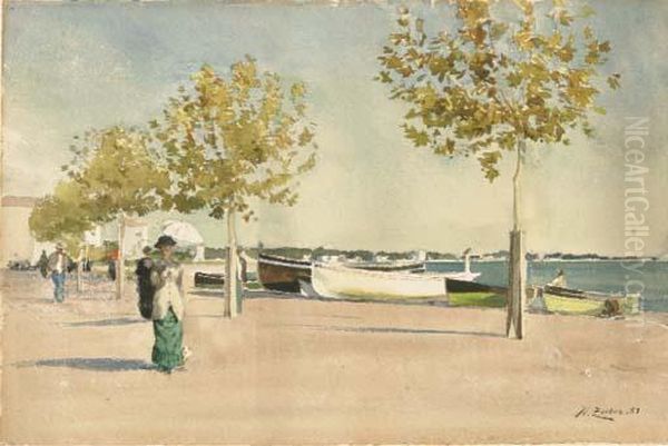 Des Figures Se Promenant Pres De La Mer A Cannes Oil Painting by Jean Henri Zuber