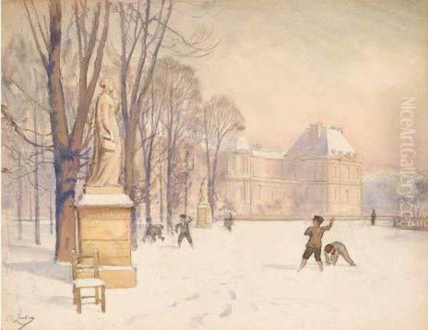 Le Jardin Du Luxembourg Sous La Neige Oil Painting by Jean Henri Zuber