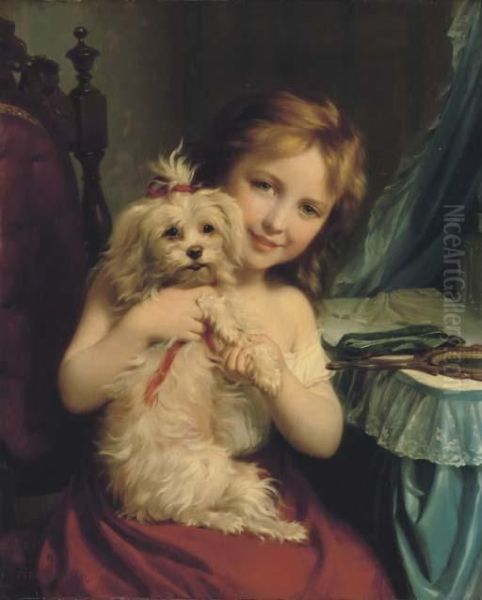 A Young Girl With A Bichon Frise Oil Painting by Fritz Zuber-Buhler