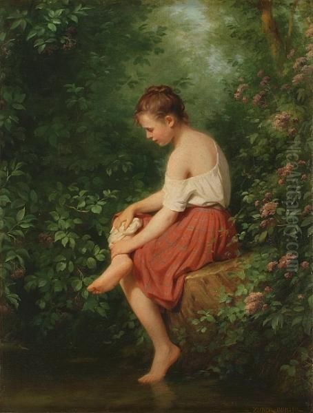 Woman At Pond Oil Painting by Fritz Zuber-Buhler