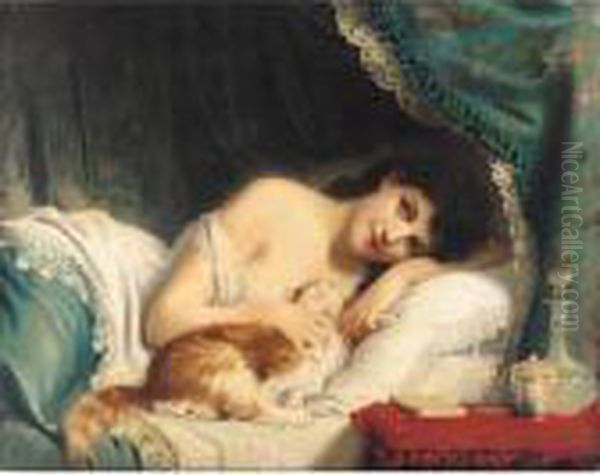 A Reclining Beauty With Her Cat Oil Painting by Fritz Zuber-Buhler