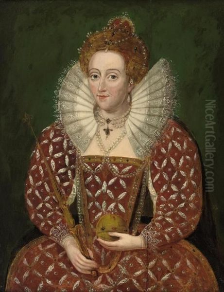 Portrait Of Queen Elizabeth I 
(1533-1603), In A Richly Embroidered And Bejewelled Red Dress, Holding 
An Orb And Sceptre Oil Painting by Federico Zuccaro