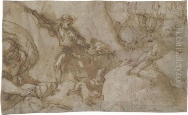 Hunting Scene: Design For A Stage Curtain Oil Painting by Federico Zuccaro