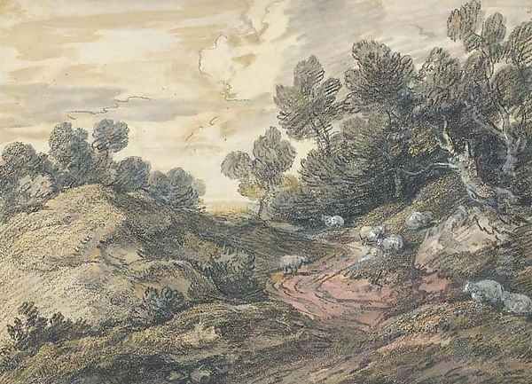 A wooded landscape with sheep grazing by a winding track Oil Painting by Thomas Gainsborough