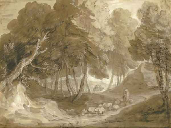 A wooded landscape with shepherd and sheep Oil Painting by Thomas Gainsborough