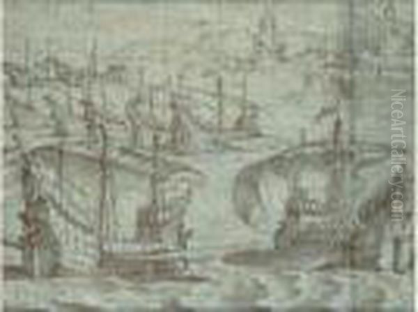 Armada Devant Un Port. Oil Painting by Federico Zuccaro