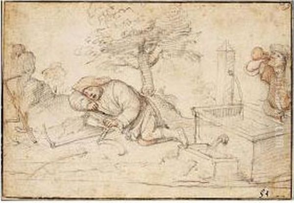 Two Peasants, One Resting By A Fountain While Another Drinks From A Flask Oil Painting by Federico Zuccaro