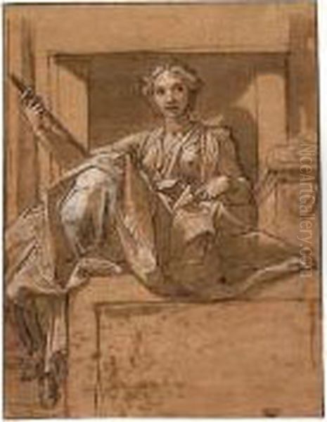 A Seated Female Figure Holding A Staff Oil Painting by Taddeo Zuccaro