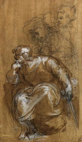 A Seated Bearded Man In Profile To The Left, Three Standing Figuresbeyond Oil Painting by Taddeo Zuccaro