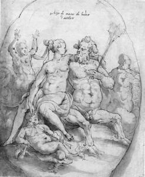 A Centaur And A Nereid With 
Tritons, A Putto And A Dolphin (recto);a Centaur And A Triton In Combat,
 A Nereid And Other Marinecreatures (verso) Oil Painting by Taddeo Zuccaro