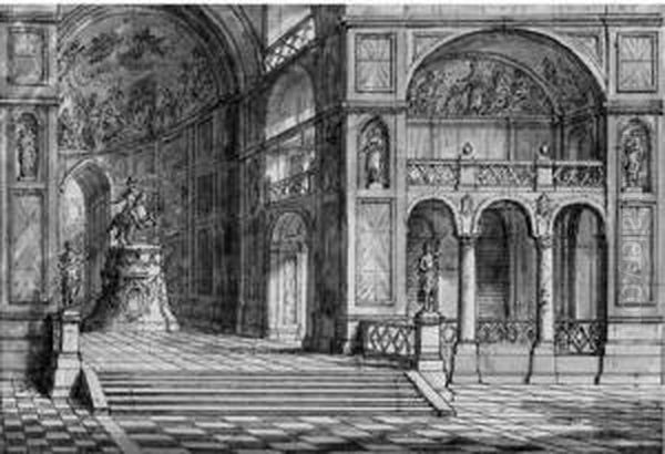 Two Stage Designs: The Interior 
Of A Palace With An Equestrianmonument; And A View Of Courtyard With A 
Fountain On Aterrace Oil Painting by Antonio Zucchi