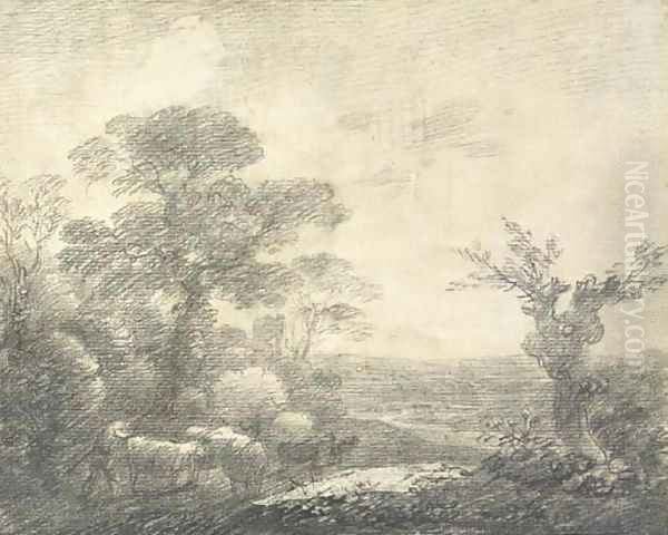 Wooded landscape with herdsmen, cows, river and church tower Oil Painting by Thomas Gainsborough