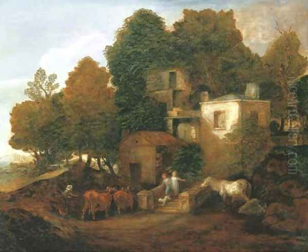 A lodge in a park, with children descending steps Oil Painting by Thomas Gainsborough