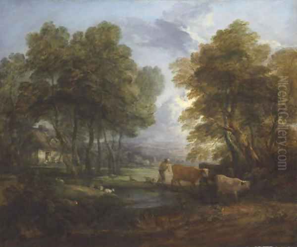 A wooded landscape with a herdsman, cows and sheep near a pool Oil Painting by Thomas Gainsborough