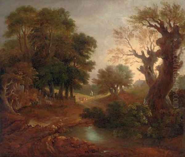 A wooded landscape with a pond and a figure on a path Oil Painting by Thomas Gainsborough