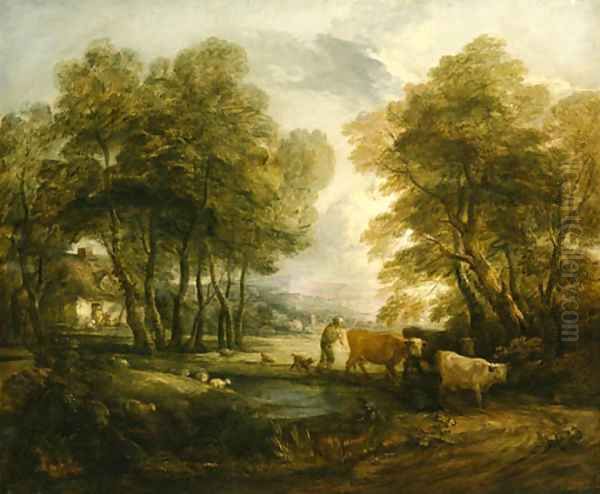 A wooded Landscape with Herdsmen, Cows and Sheep near a Pool, figures outside a cottage beyond Oil Painting by Thomas Gainsborough