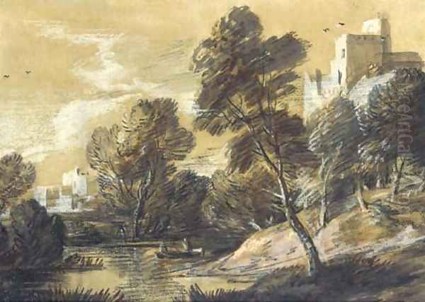 A wooded river landscape with figures in a boat and buildings Oil Painting by Thomas Gainsborough