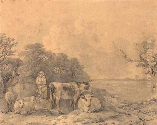 Herdsman with cows and sheep outside a cottage at the edge of a wood Oil Painting by Thomas Gainsborough