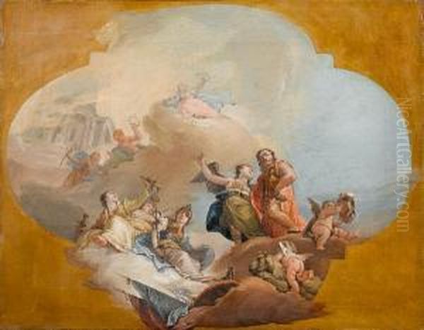 Of The Apotheosis Of Avenetian 
Nobleman Accompanied By The Four Cardinal Virtues, Withina Painted 
Cartouche Oil Painting by Francesco Zugno