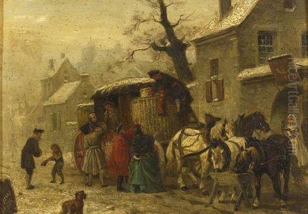 The Arrival At The Inn On A Winter's Evening Oil Painting by Jan Jacob Zuidema Broos