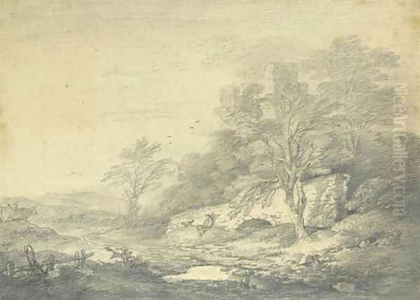 An extensive landscape with a traveller resting below a stone bridge, a ruined castle on a hill beyond Oil Painting by Thomas Gainsborough