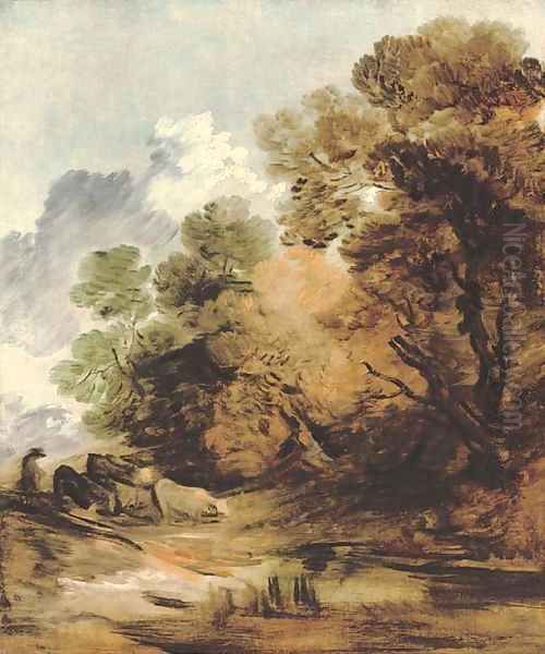 Wooded landscape with a herdsman driving cattle towards a pool Oil Painting by Thomas Gainsborough