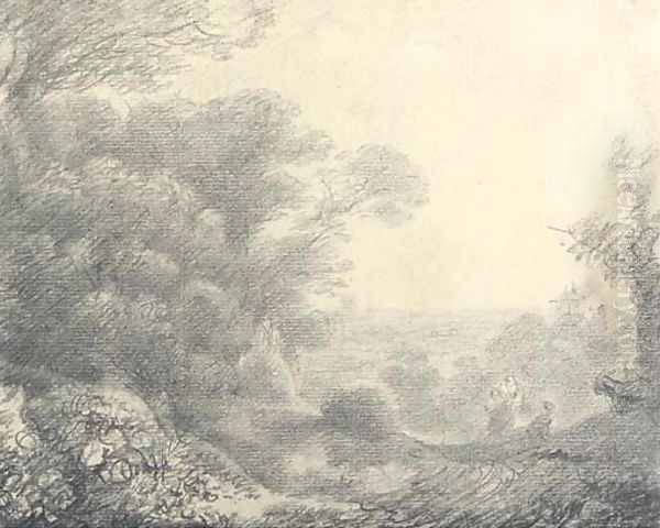 Wooded landscape with figures, donkeys and buildings Oil Painting by Thomas Gainsborough