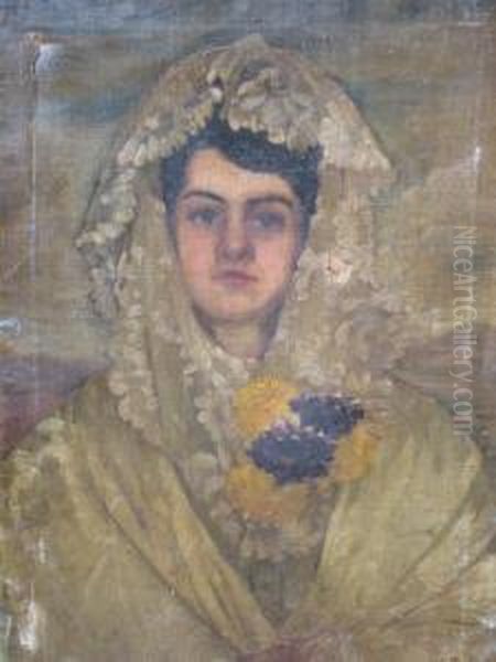 Portrait Of A Lady Quarter-length In A Mantilla Oil Painting by Ignacio Zuloaga Y Zabaleta