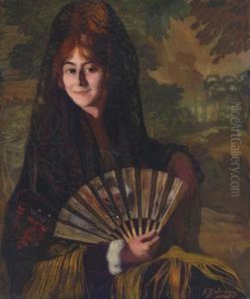 Dama Con Abanico Oil Painting by Ignacio Zuloaga Y Zabaleta