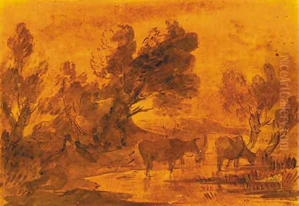 Cattle watering in a wooded landscape Oil Painting by Thomas Gainsborough