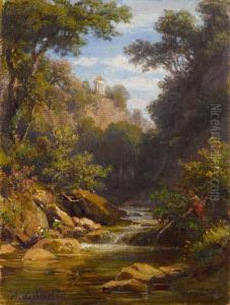 Flusslauf Mit Angler Oil Painting by Robert Zund