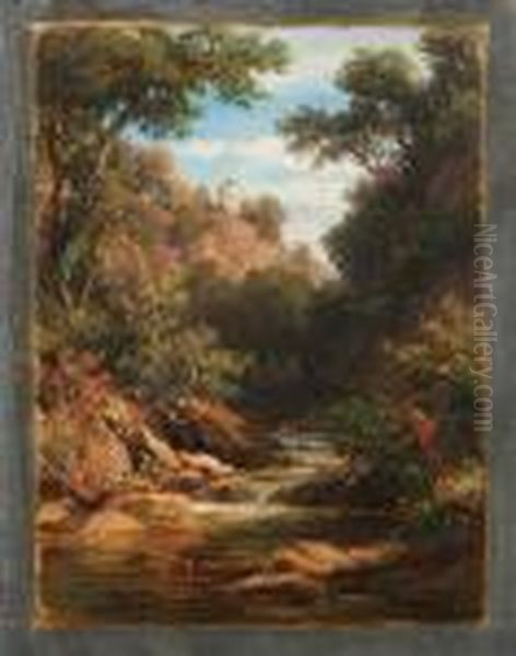 Baumbestandene Bachlandschaft Mit Angler Oil Painting by Robert Zund