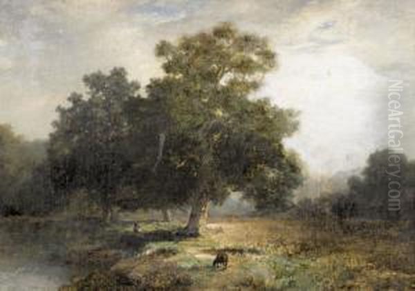 Landschaftspartie Mit Bauerin Und Schaf Oil Painting by Robert Zund