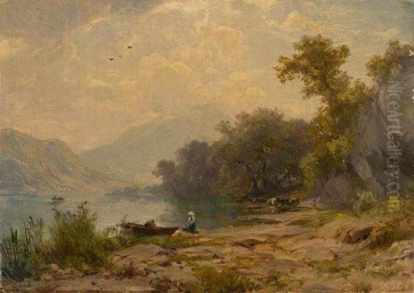 Lake Landscape With Boat Oil Painting by Robert Zund