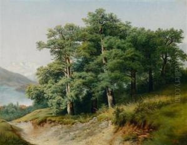 Group Of Oaks At The Lakeside. Oil Painting by Robert Zund