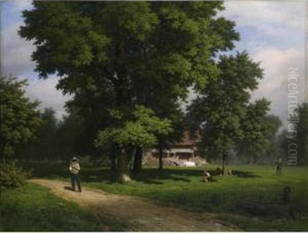 House Between Walnuts (grassland Called Schellenmatt) Oil Painting by Robert Zund