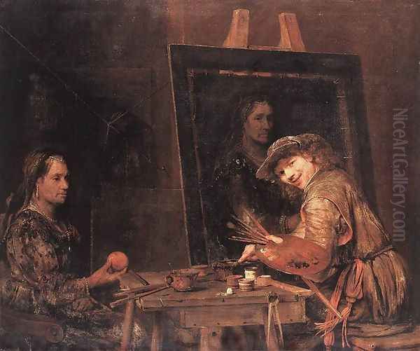 Self-Portrait at an Easel Painting an Old Woman 1685 Oil Painting by Aert De Gelder