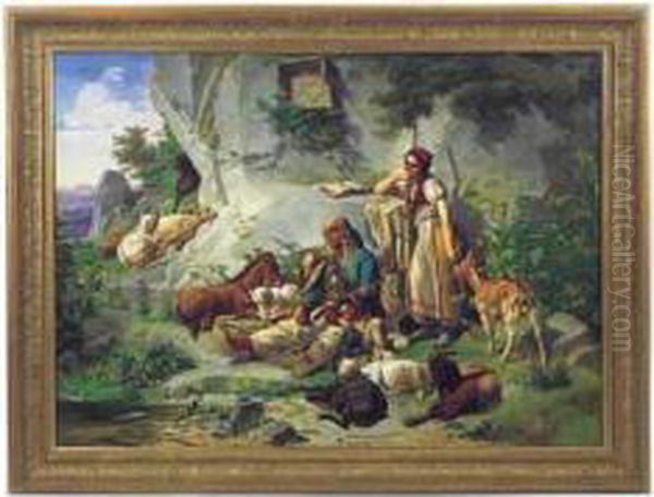 Chevriere Et Musicien Italien Au Pied D'un Oratoire. Oil Painting by Franz Bohumir Zverina