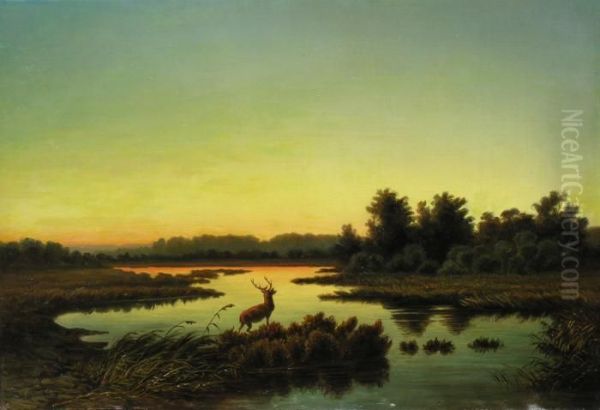 Moorsee Im Abendlicht Mit
 Einem Hirsch Am Ufer Oil Painting by Anton Zwengauer