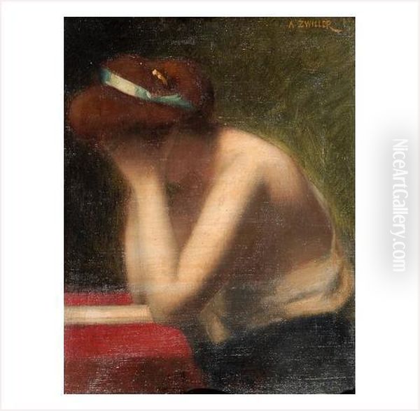 Jeune Femme Rousse De Profil Oil Painting by Augustin Zwiller