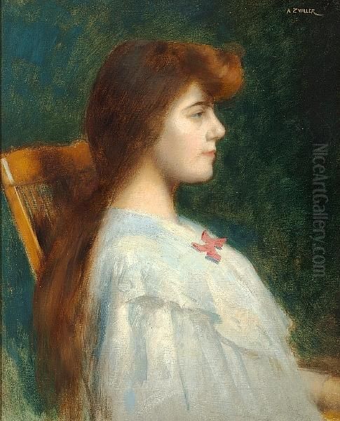 Young Girl In Profile Oil Painting by Augustin Zwiller