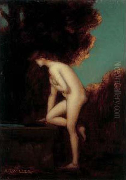 Femme Nue A La Fontaine Oil Painting by Augustin Zwiller