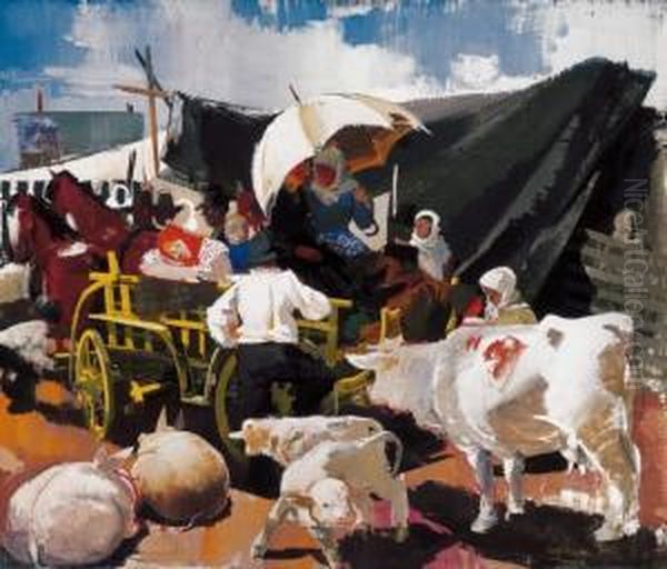 Market - Place Oil Painting by Vilmos Aba-Novak