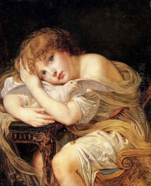 'La Jeune Fille a la colombe' - A young girl holding a dove Oil Painting by Jean Baptiste Greuze