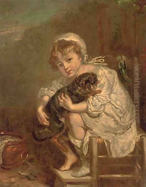 A young girl with a dog Oil Painting by Jean Baptiste Greuze