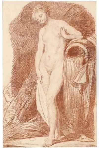 A nude woman standing by an urn Oil Painting by Jean Baptiste Greuze