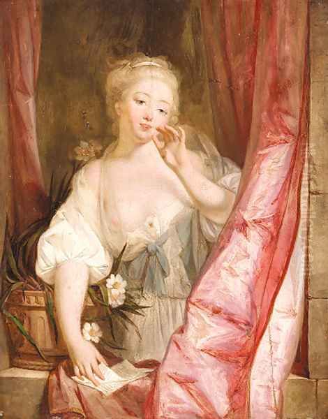 'Le Baiser envoye' A lady en deshabille holding a letter at a window Oil Painting by Jean Baptiste Greuze