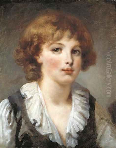 A young boy, bust-length, in a white chemise and black waistcoat Oil Painting by Jean Baptiste Greuze